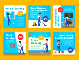 Maid service eco friendly house cleaning sale discount promo poster set vector illustration