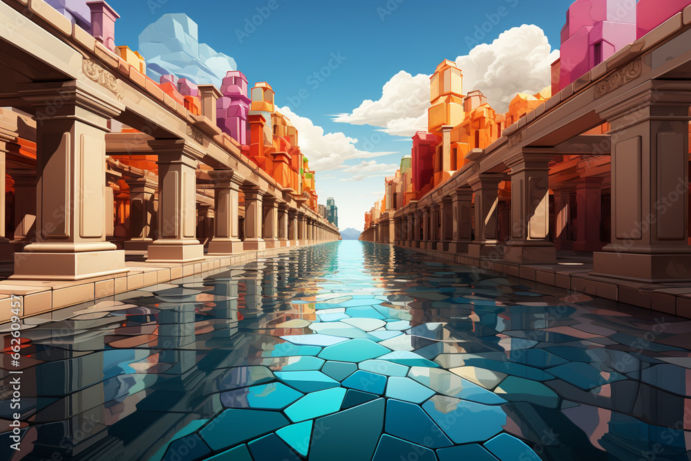 Poster a digital artwork of a roman colonnade, using abstract geometric patterns and lines to create a visu