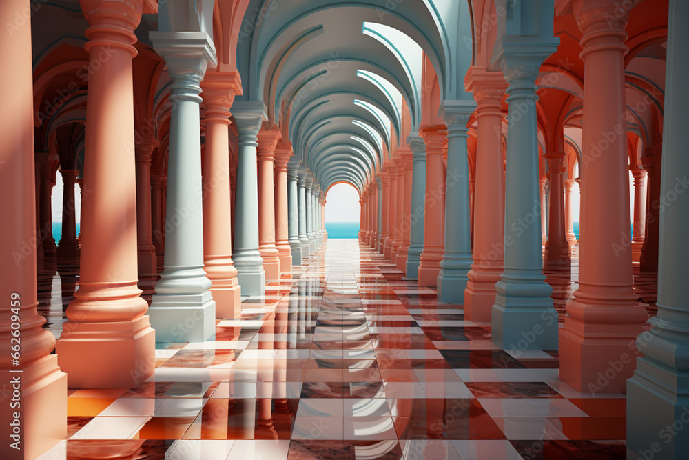 Poster a digital artwork of a roman colonnade, using abstract geometric patterns and lines to create a visu