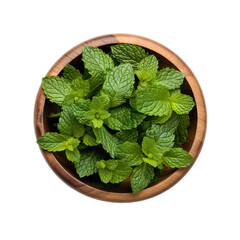 top view of mint leaves in a wooden bowl isolated on a white transparent background