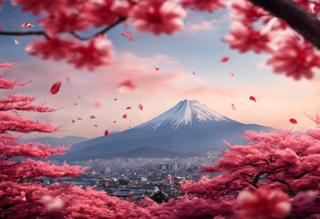 Red cherry sakura blossom with a mountain in the background. - obrazy, fototapety, plakaty