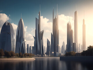 Beautiful shot of tall city buildings under a cloudy sky at day and night