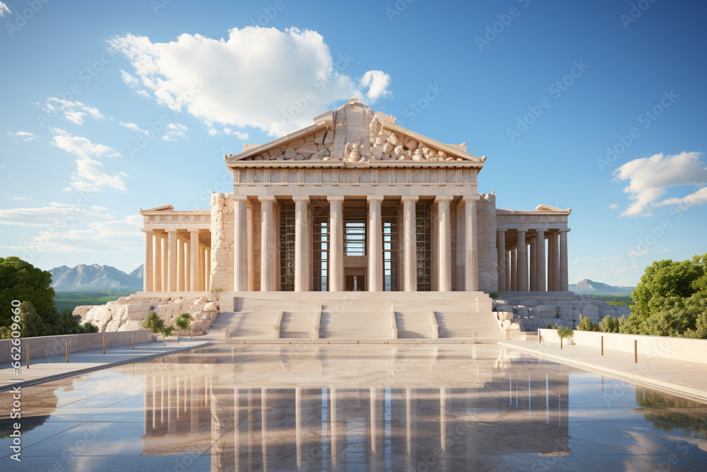 Poster A minimalist representation of The Parthenon, using simple geometric shapes and a monochromatic color palette to convey the purity and harmony of the ancient Greek architectural style. 