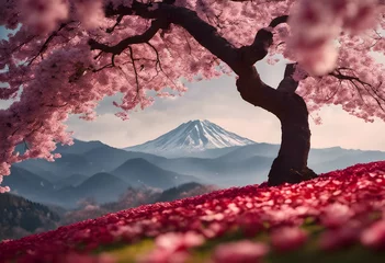 Schilderijen op glas Red cherry sakura blossom with a mountain in the background. © Alexander