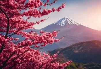 Fotobehang Red cherry sakura blossom with a mountain in the background. © Alexander