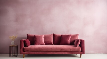 Velvet loveseat sofa near beige blank wall with copy space. Minimalist home interior design of modern living room.