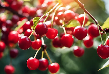 Ripe red cherries on a branch close-up.