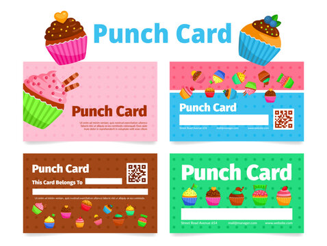 Punch card with sweet cupcakes dessert bonus coupon for special offer set vector illustration