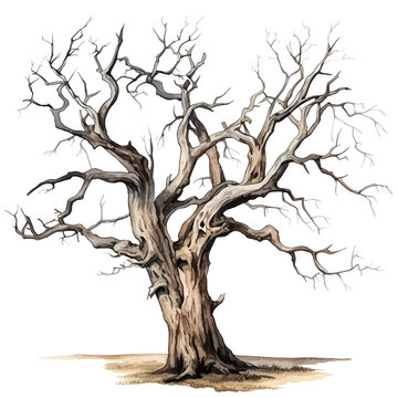 Scary dead withered tree watercolor illustration PNG