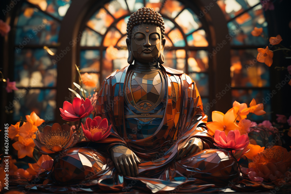 Poster an abstract photograph of the great buddha of kamakura, focusing on its geometric details and archit