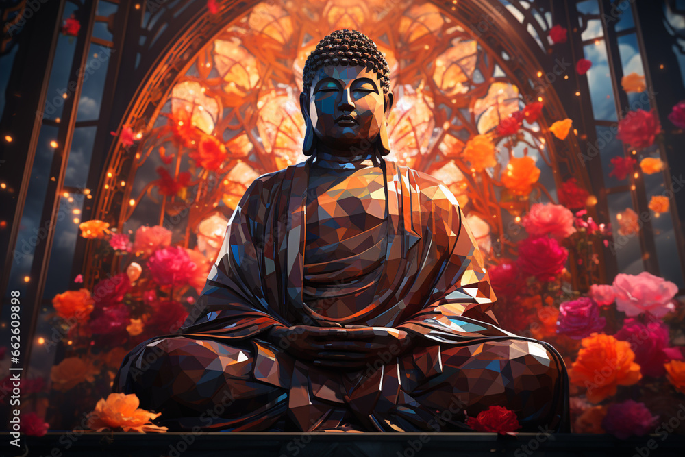 Poster an abstract photograph of the great buddha of kamakura, focusing on its geometric details and archit
