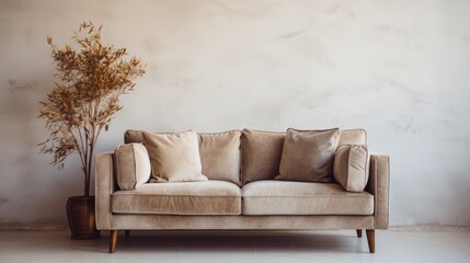 Fototapeta na wymiar Velvet loveseat sofa near beige blank wall with copy space. Minimalist home interior design of modern living room.