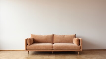 Velvet loveseat sofa near beige blank wall with copy space. Minimalist home interior design of modern living room.