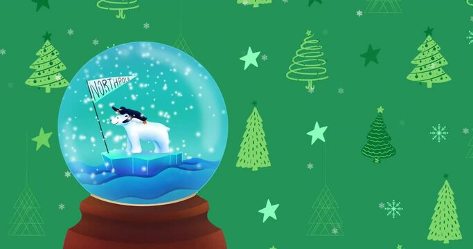 Snow globe with polar bear and north pole sign over christmas trees and stars on green background