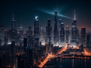 Beautiful shot of tall city buildings under a cloudy sky at day and night