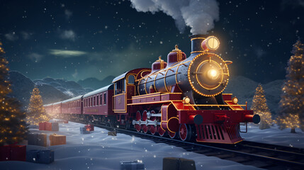 Christmas red steam train - obrazy, fototapety, plakaty
