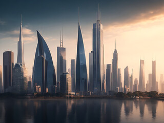 Beautiful shot of tall city buildings under a cloudy sky at day and night