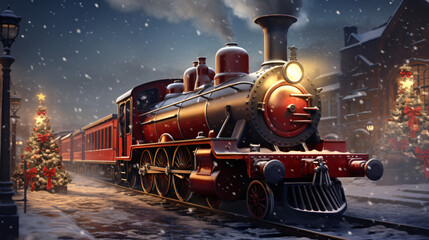 Christmas red steam train - obrazy, fototapety, plakaty