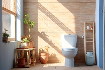 A clean and modern home toilet with white ceramic fittings, comfort and a hint of greenery. - obrazy, fototapety, plakaty
