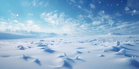 In a winter landscape, the bright sun reflects the icy beauty of the snow-covered desert.