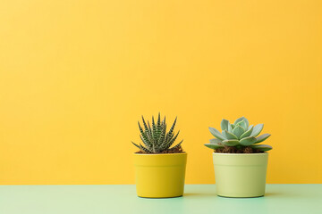 minimalistic yellow background with succulents, with empty copy space