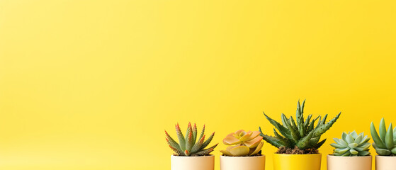 minimalistic yellow background with succulents, with empty copy space