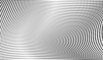 Black white background. Abstract banner with dots. Optical spotted texture. Halftone dot pattern. Wavy half tone effect. Futuristic pop art print. Monochrome vector illustration. - obrazy, fototapety, plakaty