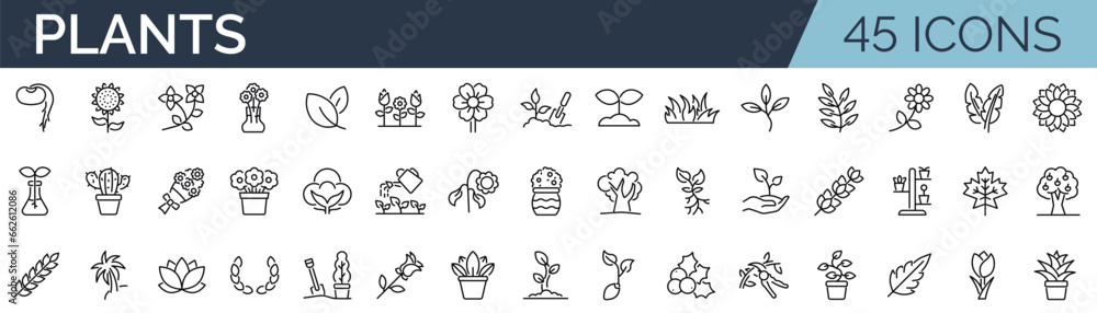 Wall mural Set of 45 outline icons related to plants, floral. Linear icon collection. Editable stroke. Vector illustration