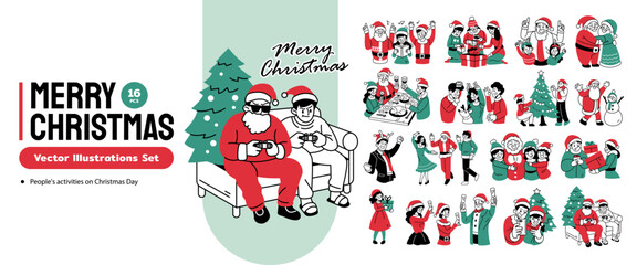 Christmas Celebration People Activities Vector Illustration Set Celebrate the Magic of Christmas with These Engaging Illustrations