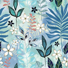 Seamless bright tropical pattern. White, blue flowers and leaves on a light background.