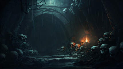 Creepy skull underground tomb