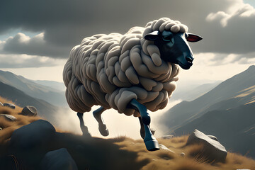 Draw me a sheep running on the mountain. Generative AI - obrazy, fototapety, plakaty