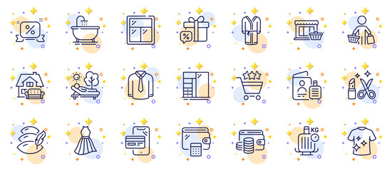 Fototapeta na wymiar Outline set of Marketplace, Discounts ribbon and Sale gift line icons for web app. Include Beauty, Wallet, Bath pictogram icons. Passport, Dress, Bathrobe signs. Window, Buyer, Cupboard. Vector