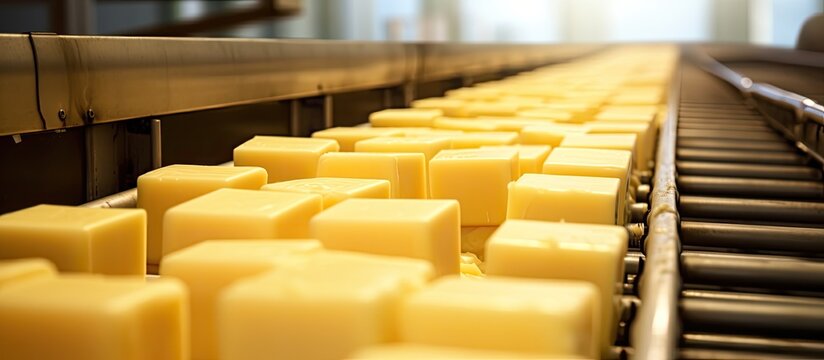 Butter cubes on conveyor line progressing at food plant for manufacturing With copyspace for text