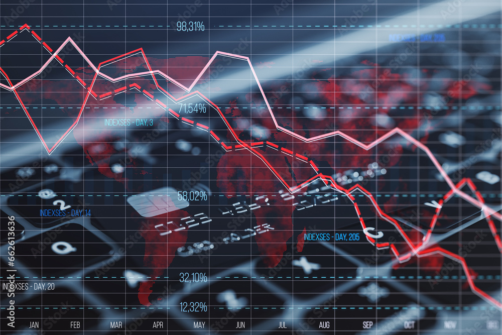 Poster close up of laptop computer keyboard with bank card and glowing downward red forex chart on blurry b