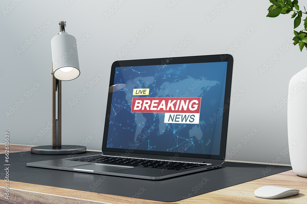 Poster close up of laptop at workplace with different objects and creative polygonal breaking news and glob