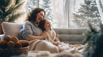 Mother and daughter enjoying winter nature in the  window