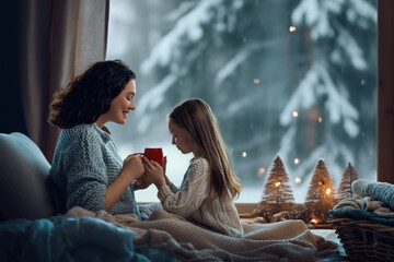 Mother and daughter enjoying winter nature in the  window