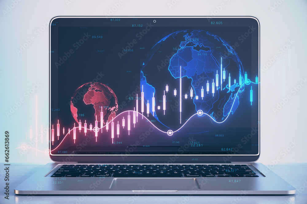 Poster close up of laptop with glowing falling red forex chart and globe on blurry background. global econo