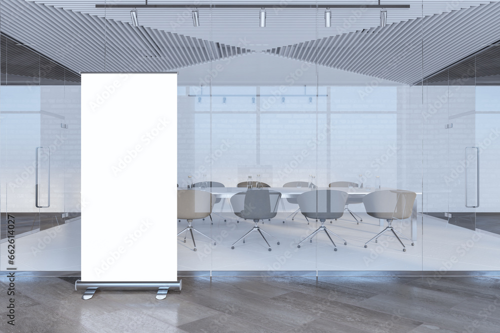 Poster modern glass meeting room interior with furniture and empty white mock up roll-up banner. 3d renderi
