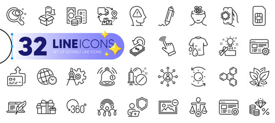 Outline set of Leaf, Mental health and Medical drugs line icons for web with Shield, Ethics, Inclusion thin icon. Vision test, Cashback, Full rotation pictogram icon. Reminder, Sim card. Vector