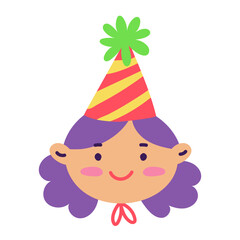 Portrait of a girl in a festive birthday cone on a white background. Festive portrait of the birthday boy. A girl in a festive cone. Birthday, a holiday for a boy. Striped Hat