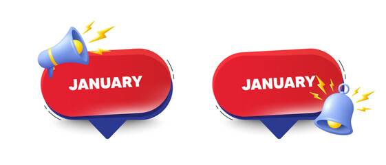 January month icon. Speech bubbles with 3d bell, megaphone. Event schedule Jan date. Meeting appointment planner. January chat speech message. Red offer talk box. Vector