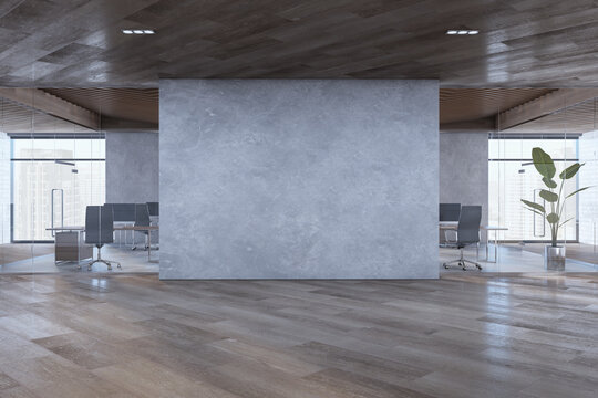Modern concrete and wooden glass office interior with empty mock up place on wall, various objects and furniture, window with city view and daylight. 3D Rendering.