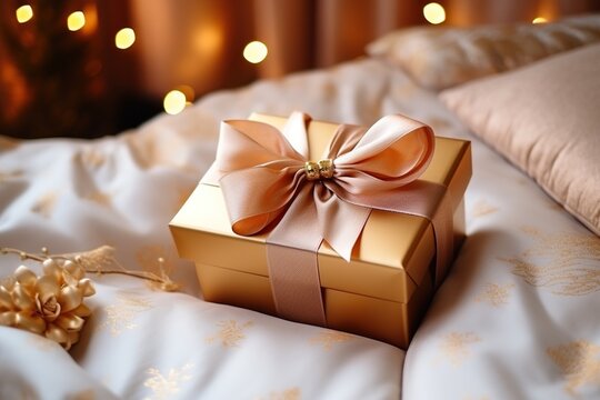 Beautiful box with a wedding ring on the bed. Wedding concept