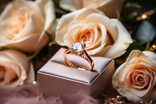Engagement ring with a diamond in a box on a background of a bouquet of roses. Wedding concept