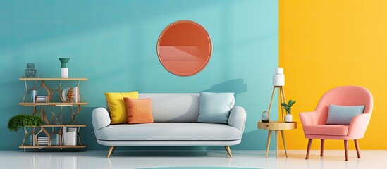 Designer armchair and sofa in a cozy colorful living room with a decorative round mirror and glass wall With copyspace for text