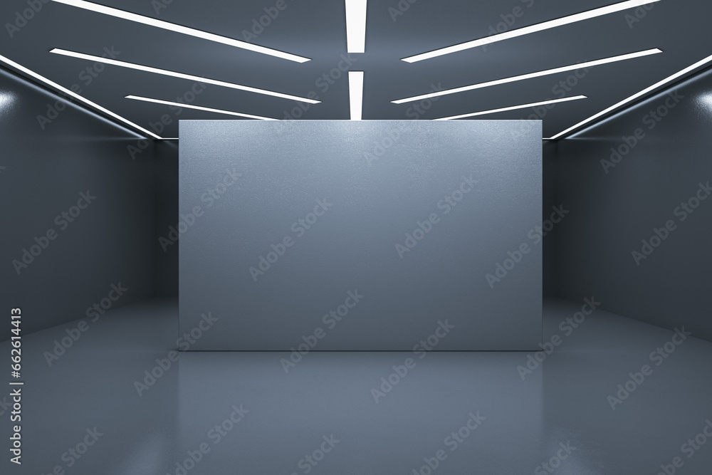Poster simple exhibition hall interior with empty mock up place on gray wall. 3d rendering.