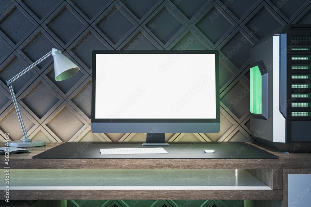 Poster Creative gamers desktop with empty white computer screen, lamp and system unit on decorative black wall background. Gaming concept. Mock up, 3D Rendering.