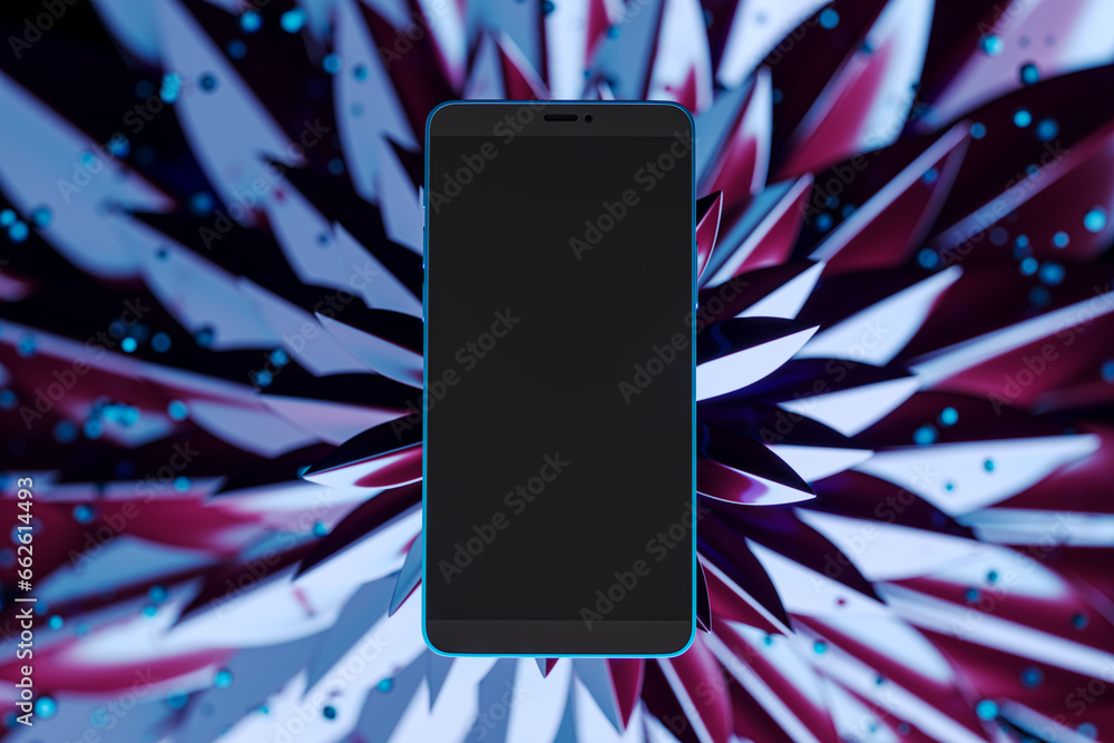 Poster Close up of empty mock up smartphone on abstract purple flower background. Presentation concept. 3D Rendering.